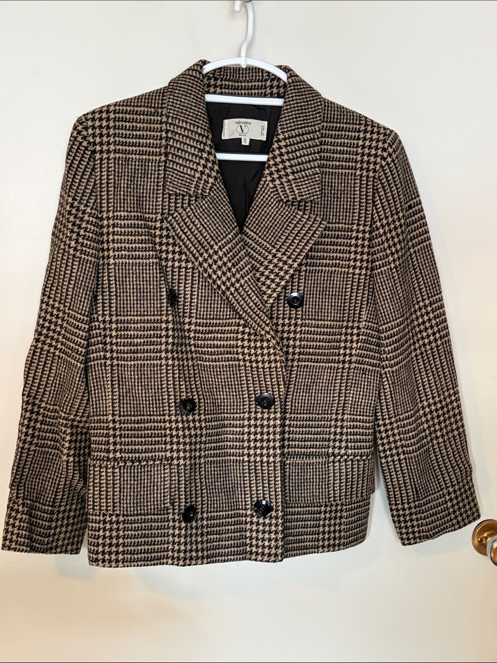 Valentino Miss V Tan and Black Glen Plaid Double-Breasted Wool Blazer